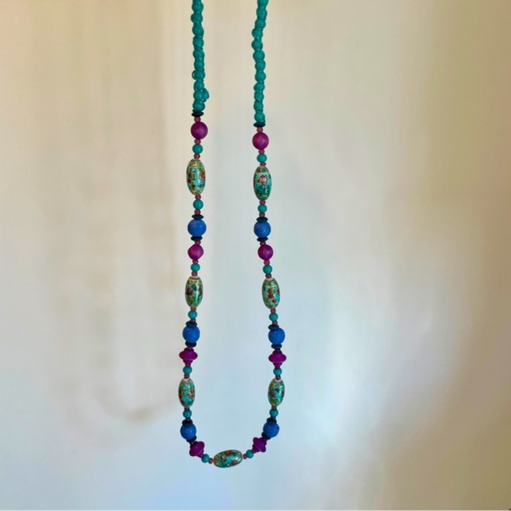 Vintage Chinese Porcelain Hand Painted Necklace Floral Silk Teal Purple Enamel - Picture 4 of 7